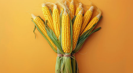 A collection of corn cobs grouped together on a vibrant orange background.の素材