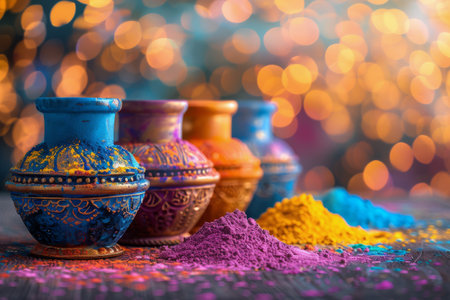 Three vibrant Holi pots placed on a table against a blurred bokeh background.の素材