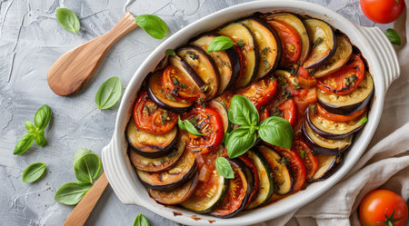 A dish filled with fresh zucchini, ripe tomatoes, and fragrant basil leaves, creating a vibrant and flavorful meal.の素材