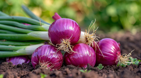 Healthy red onions growing in a garden bed under the sun.の素材