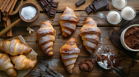 Fresh croissants, rich chocolate, and aromatic cinnamon arranged neatly on a rustic wooden table.の素材