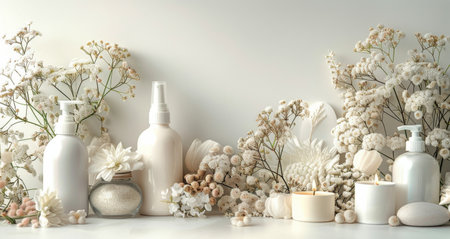 A collection of white bottles, candles, and flowers arranged neatly on a white background.の素材