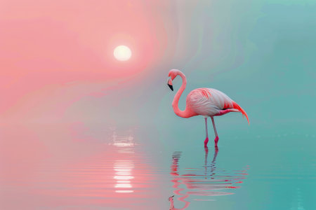 A pink flamingo stands gracefully in the water.の素材