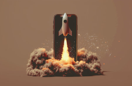 A phone with a rocket launching from it, depicting technology innovation and advancement.の素材