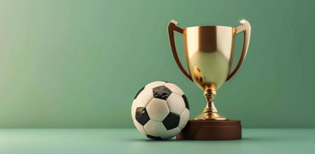 Three soccer balls positioned around a shiny trophy on a vibrant green surface.の素材