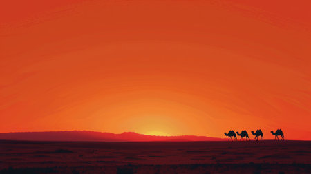 A group of camels trekking across a desert landscape as the sun sets, casting a warm glow over the scene.の素材