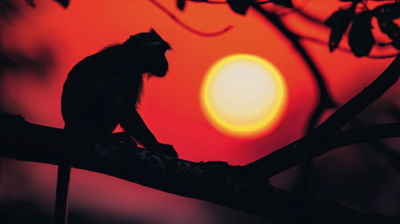 A cat silhouette perched upon a tree branch.の素材