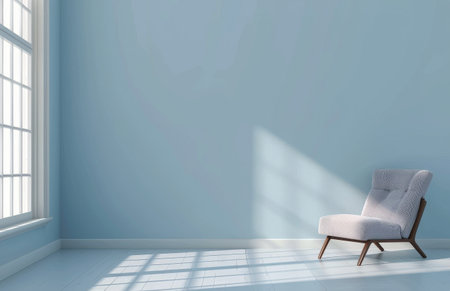 A white room with a chair and a potted plant placed in a minimalist setting.の素材
