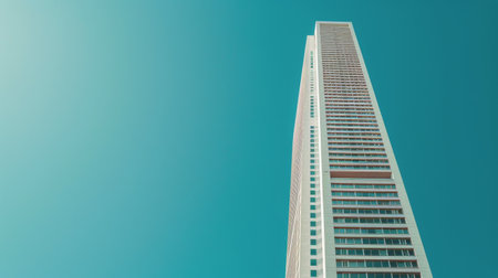 A tall building featuring numerous windows stands against a clear blue sky.の素材
