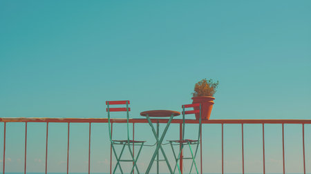 A balcony with a table and chairs positioned to overlook a bustling cityscape below.の素材