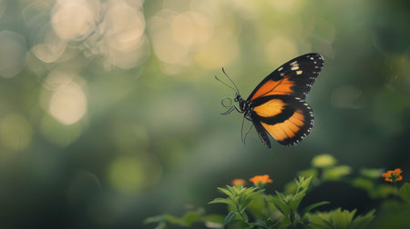 A butterfly perched peacefully on a green leaf in a natural setting.の素材