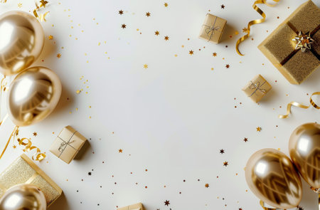 A white table adorned with numerous gold balloons, creating a festive and celebratory atmosphere.の素材