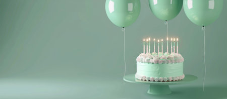 A birthday cake with green icing and white candles, ready to be lit and celebrated.の素材