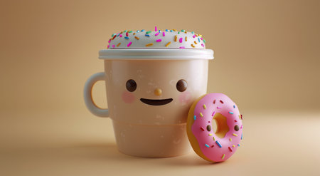 A cup of coffee sits next to a donut topped with colorful sprinkles on a table.の素材
