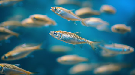 A group of fish swimming together in the vast ocean, exhibiting synchronized movement and coordination.の素材