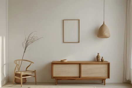 A modern living room featuring white walls and wooden furniture.の素材