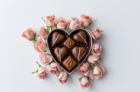 A heart shaped box overflowing with delicate pink roses arranged beautifully.の素材