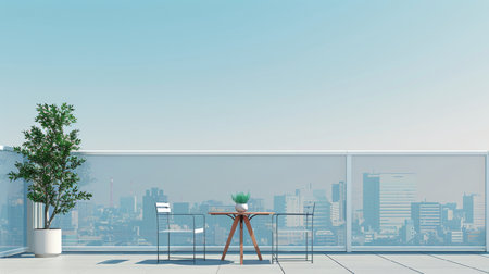 A balcony with a table and chairs positioned to overlook a bustling cityscape below.の素材