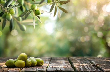 A wooden table is covered with fresh green olives.の素材