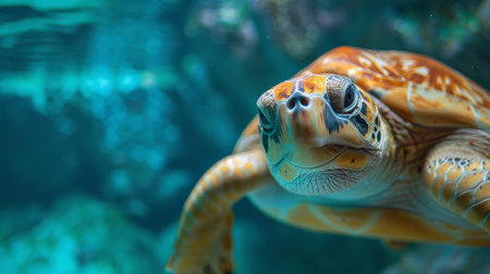 A detailed close up of a sea turtles face, showing its unique features and captivating details.の素材