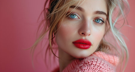 A close up view of a doll dressed in a pink sweater.の素材