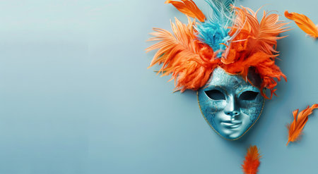 A blue mask adorned with vibrant orange feathers dangling gracefully.の素材