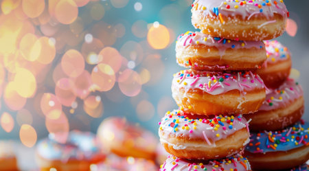 A stack of colorful donuts topped with sprinkles, ready to be enjoyed.の素材