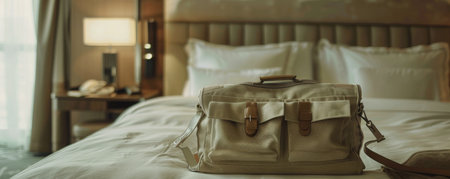 A white bag sits atop a neatly made bed, creating a contrast in colors.の素材