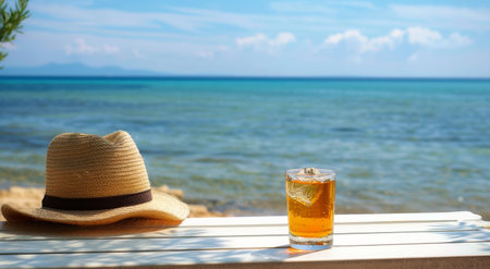 A hat and a drink placed on a wooden bench in an outdoor setting.の素材