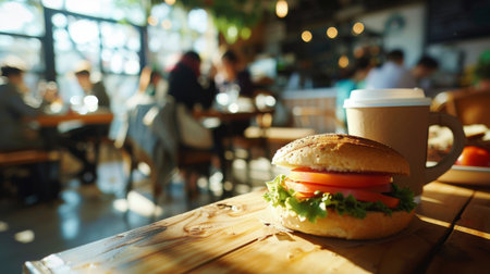 A close up view of a sandwich placed on a wooden table.の素材