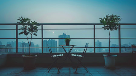 A balcony with a table and chairs positioned to overlook a bustling cityscape below.の素材