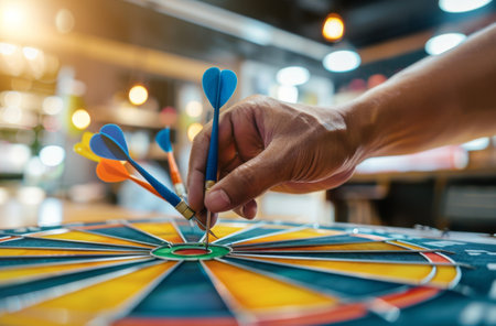 A man is seen holding a dart in front of a target, preparing to take aim at the bullseye.の素材