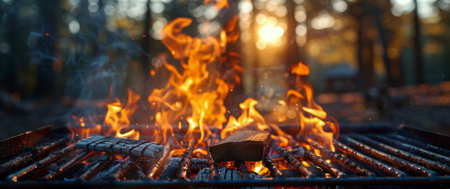 A close up view of a grill with intense flames shooting upwards.の素材