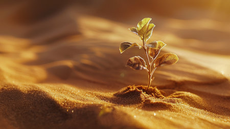 A fragile green plant pushes through the sand in a barren landscape.の素材