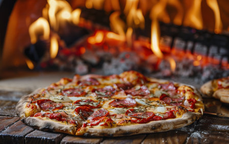 A pizza is placed in front of a crackling fire, heating and toasting the cheesy toppings and crispy crust.の素材