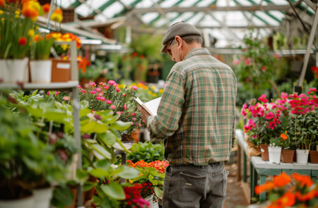 A man wearing a blue shirt is standing in front of a colorful bunch of flowers, looking at them closely.の素材