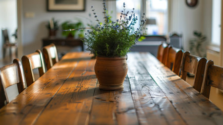 A wooden table with a bowl placed on top of it.の素材