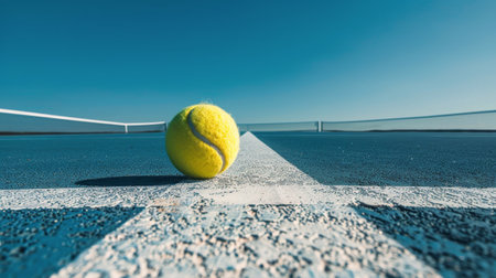 A tennis ball resting precariously on the edge of a green tennis court, ready for gameplay to resume.の素材