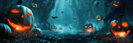 A forest with an abundance of pumpkins scattered amongst the trees, while bats fly overhead in the twilight.の素材