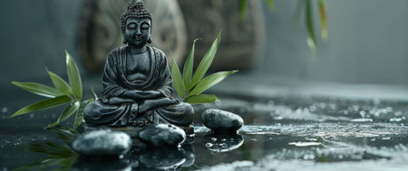 A Buddha statue sits in front of a bamboo tree.の素材