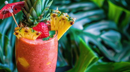 A pink smoothie topped with fresh strawberries and a decorative garnish.の素材