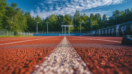 A tennis court with red clay surface and white lines, ready for players to compete in a match under the bright sun.の素材