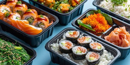 Different types of sushi neatly arranged on trays on a table, showcasing a variety of Japanese culinary delights.の素材