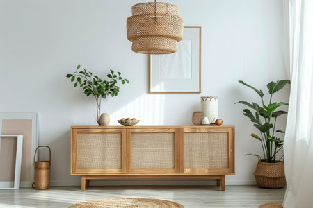A modern living room featuring white walls and wooden furniture.の素材