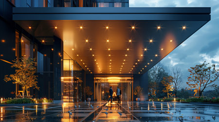 A couple of people standing outside a building, looking at the surroundings.の素材