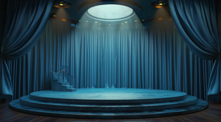 A stage with a blue curtain drawn closed, featuring steps leading up to the performance area.の素材