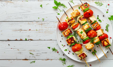 Various types of food items are spread out on a table, including fruits, bread, cheese, and pastries.の素材