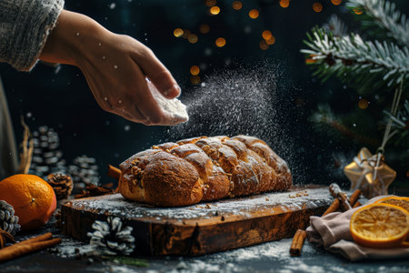 A person sprinkling sugar on an uncut loaf of bread on a wooden cutting board.の素材
