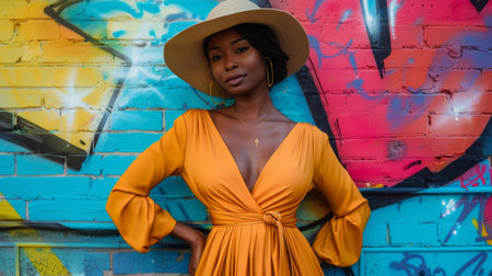 A woman wearing a hat leans casually against a vibrant, colorful wall in an urban setting.の素材