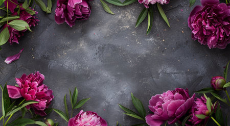 Various colorful flowers, including roses, tulips, and daisies, displayed in a grouped arrangement on a wooden table.の素材